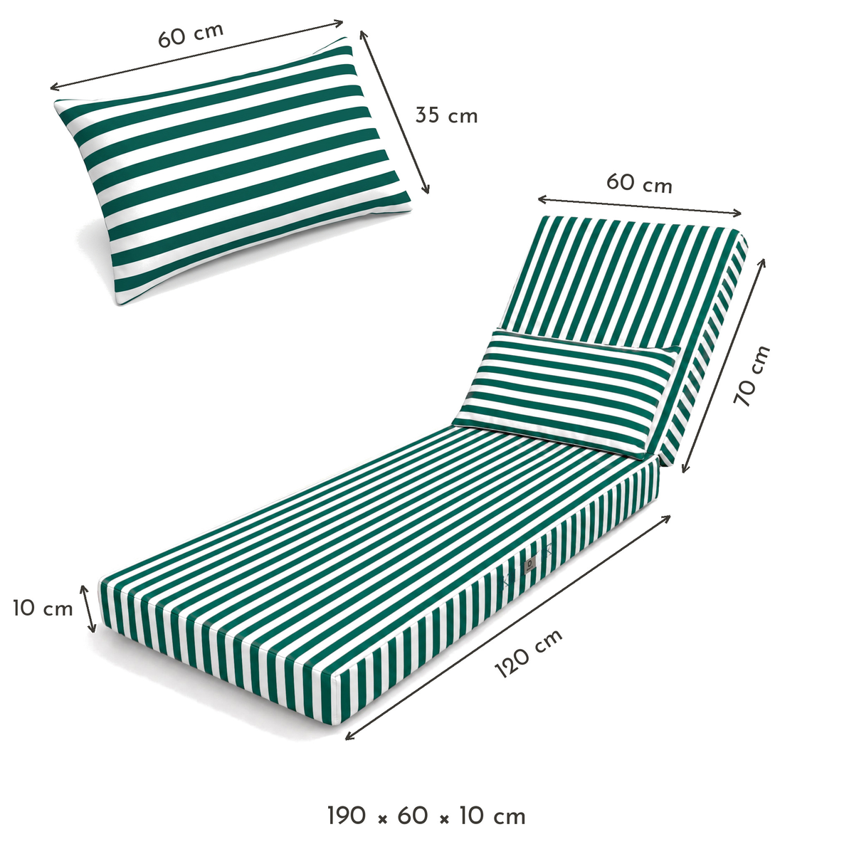 Materassino Sdraio Premium 190x60 Riga Verdee - Spesso 10cm & Poggiatesta (Sfoderabile) – schema con le misure