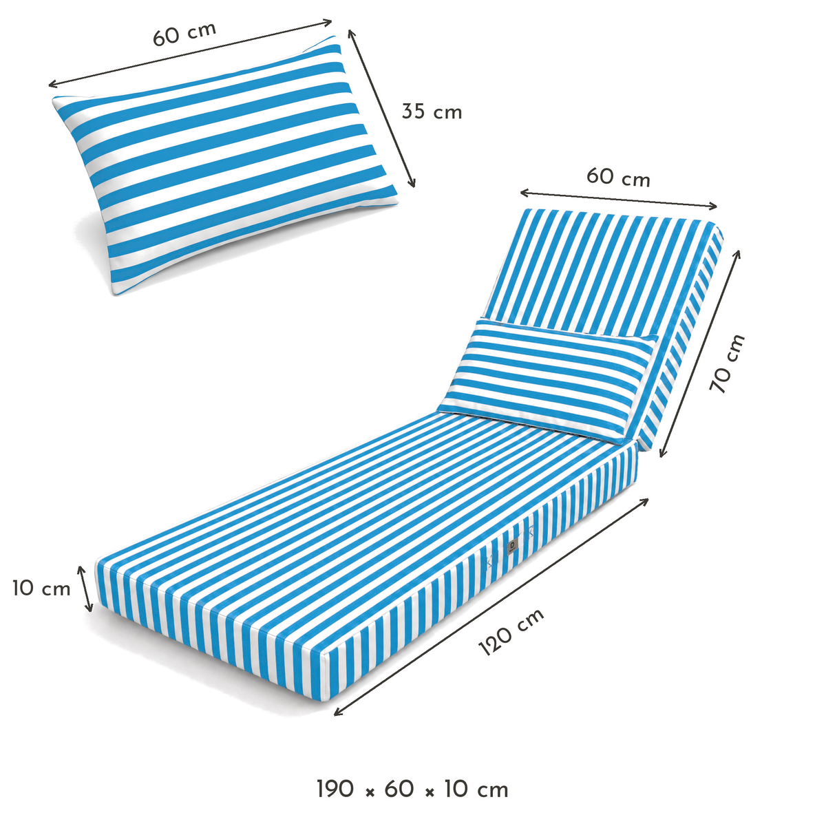 Materassino Sdraio Premium 190x60 Riga Turchese - Spesso 10cm & Poggiatesta (Sfoderabile) – schema con le misure