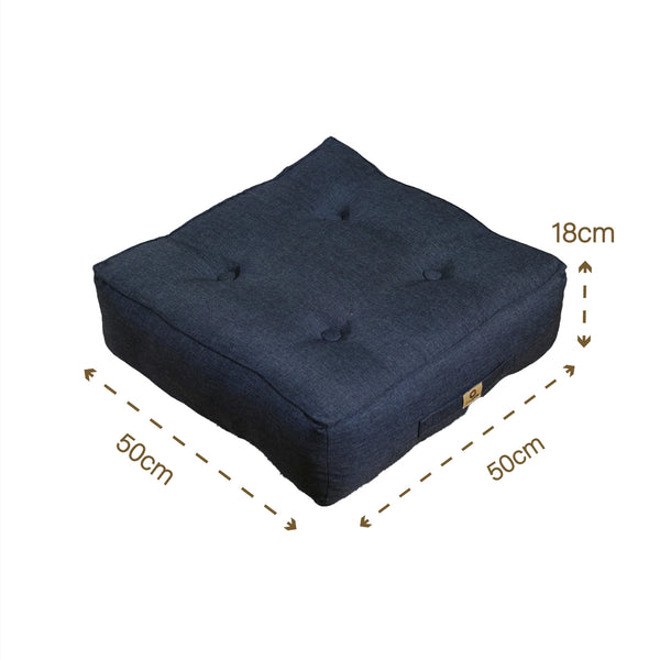 Deux coussins de sol bleu en lin de 50x50 cm, épais 18 cm, pour pouf intérieur, haut de gamme, Deco-arts.fr