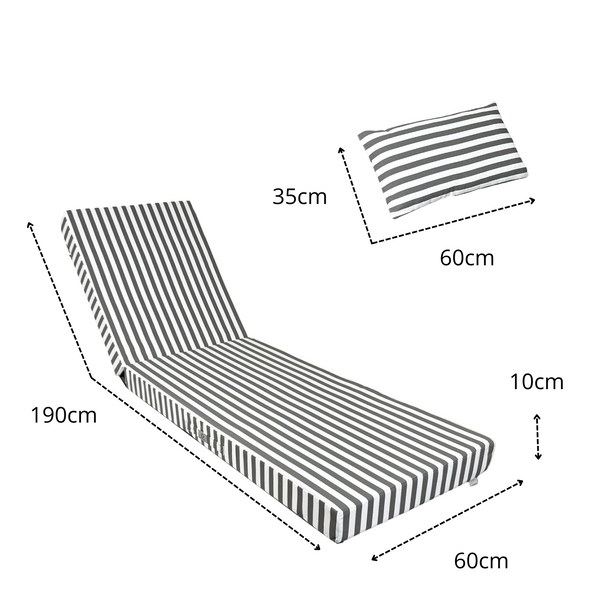 Matelas transat bain de soleil gris foncé rayé, épais 10cm avec têtière, déhoussable et confortable pour chaise longue.