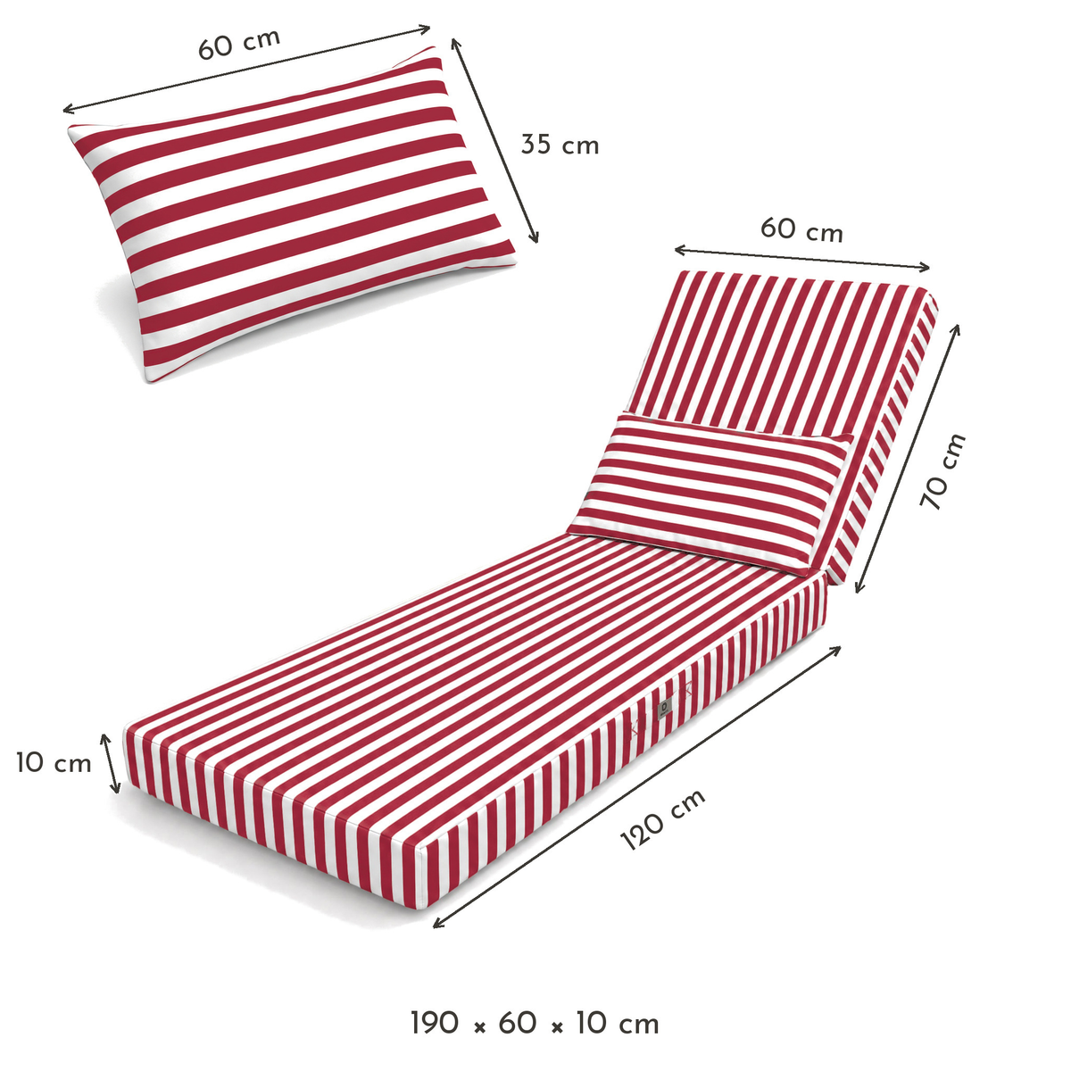 Materassino Sdraio Premium 190x60 Riga Rossa - Spesso 10cm & Poggiatesta (Sfoderabile) – schema con le misure
