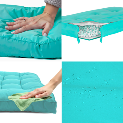 Ensemble de 3 coussins capitonnés pour banquette 120x60 cm, bleu Caraïbes, épais 15 cm, pour fauteuils et canapés.