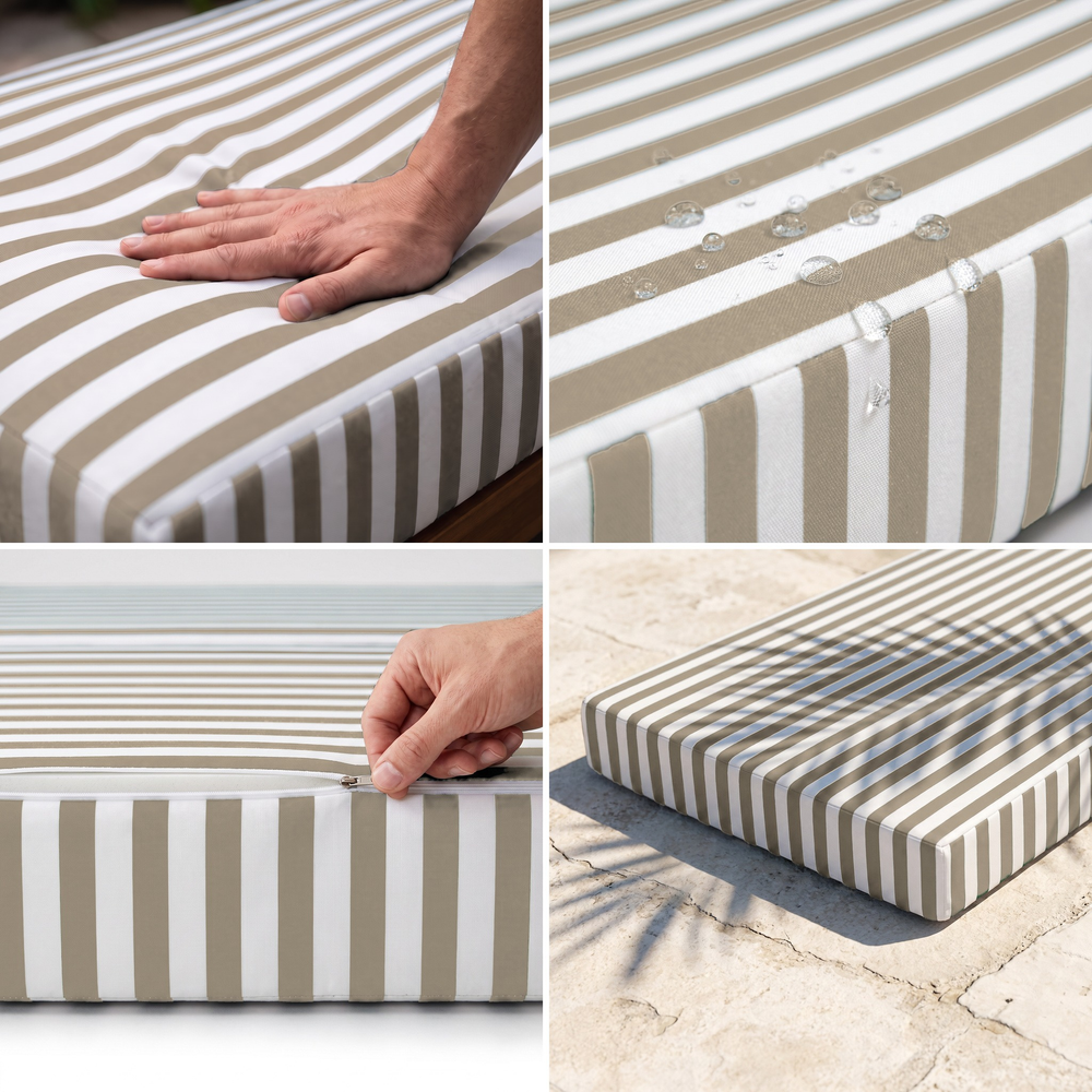 Materassino per lettino, righe beige: morbida schiuma ad alta densità, tessuto idrorepellente, fodera sfoderabile, resistente ai raggi UV