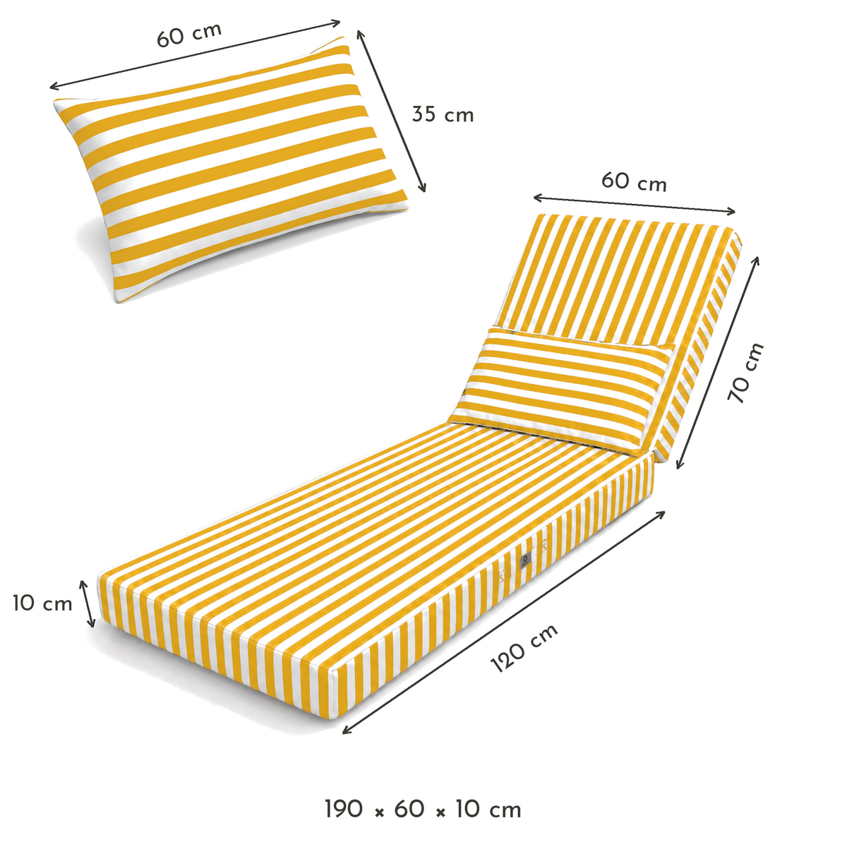 Materassino Sdraio Premium 190x60 Riga Gialla - Spesso 10cm & Poggiatesta (Sfoderabile) – schema con le misure