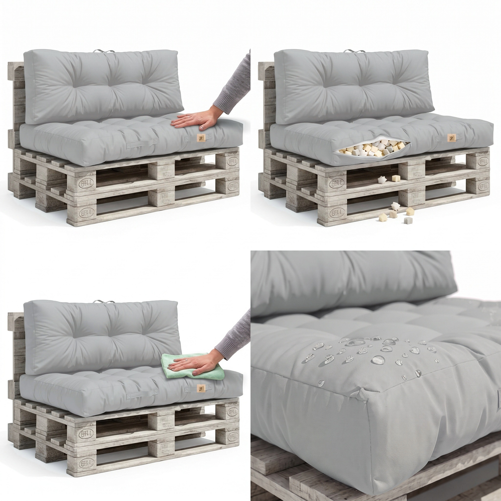 Set Cuscini Pallet 120x80 Grigio Ciottolo, tessuto anti-UV e idrorepellente