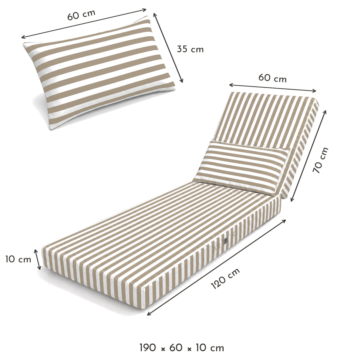 Materassino Sdraio Premium 190x60 Riga Beige - Spesso 10cm & Poggiatesta (Sfoderabile) – schema con le misure