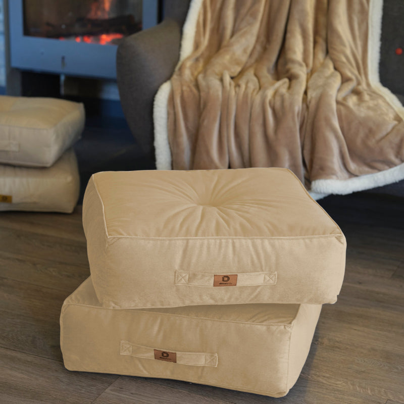 Set di 2 Pouf in Velluto XL 54x54 Crema - Spesso 18cm (Gran Comfort)