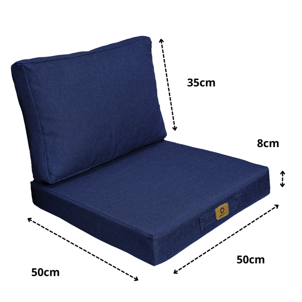 Ensemble de coussins bleu indigo 50x50 pour fauteuils, effet lin, déhoussables, pour assise et dossier.