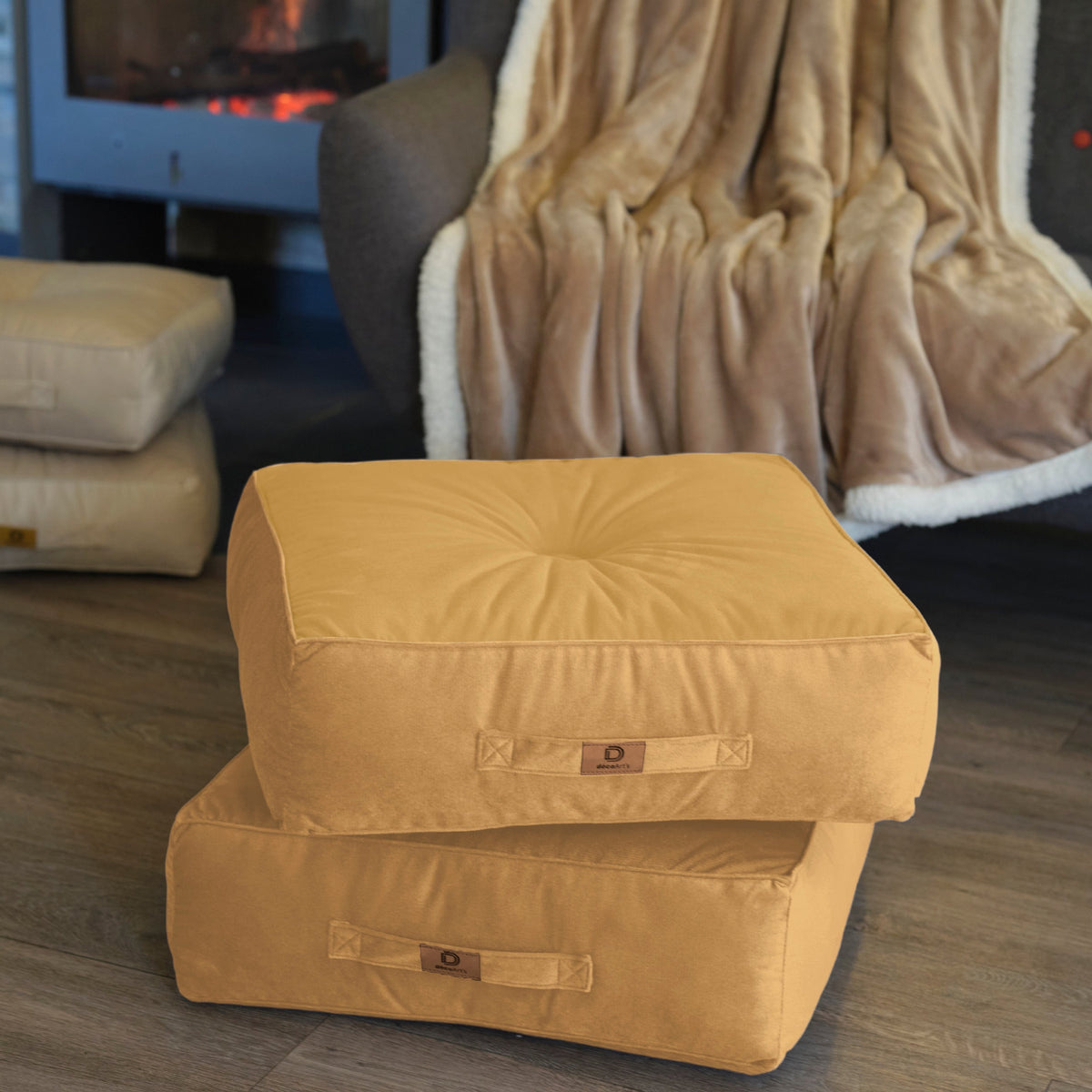 Set di 2 Pouf in Velluto XL 54x54 Beige – Spesso 18cm (Gran Comfort)