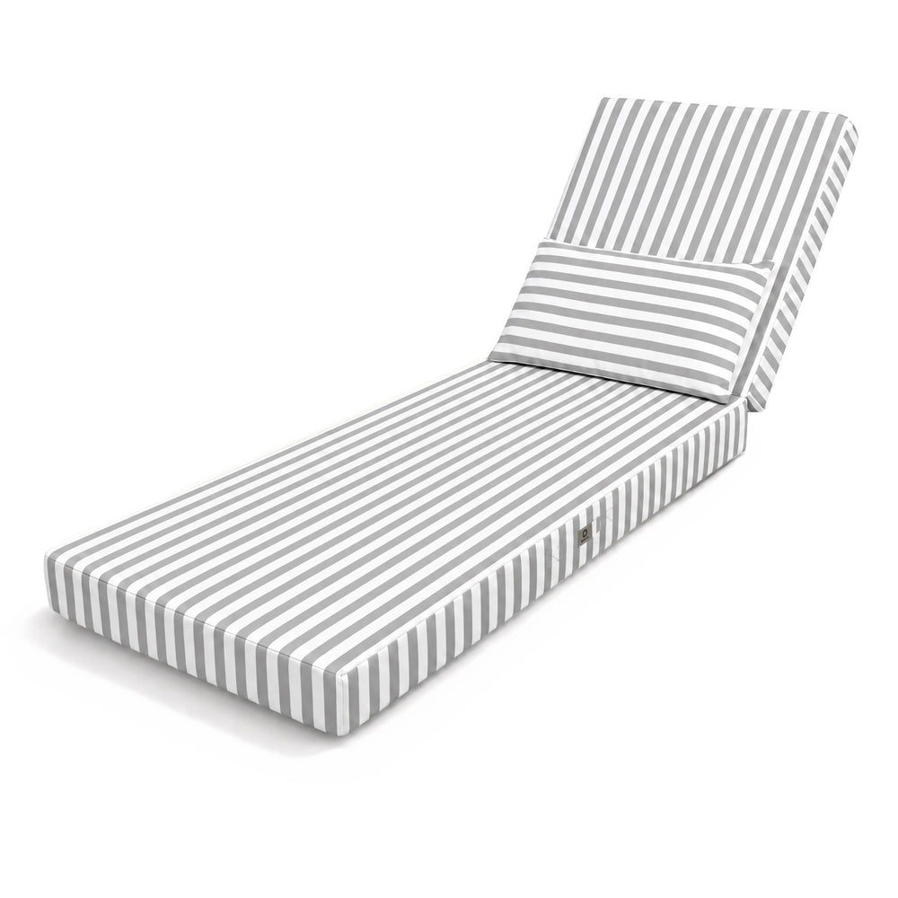 Materassino premium per lettino 190x60, righe grigio chiaro, con il suo poggiatesta, su sfondo bianco