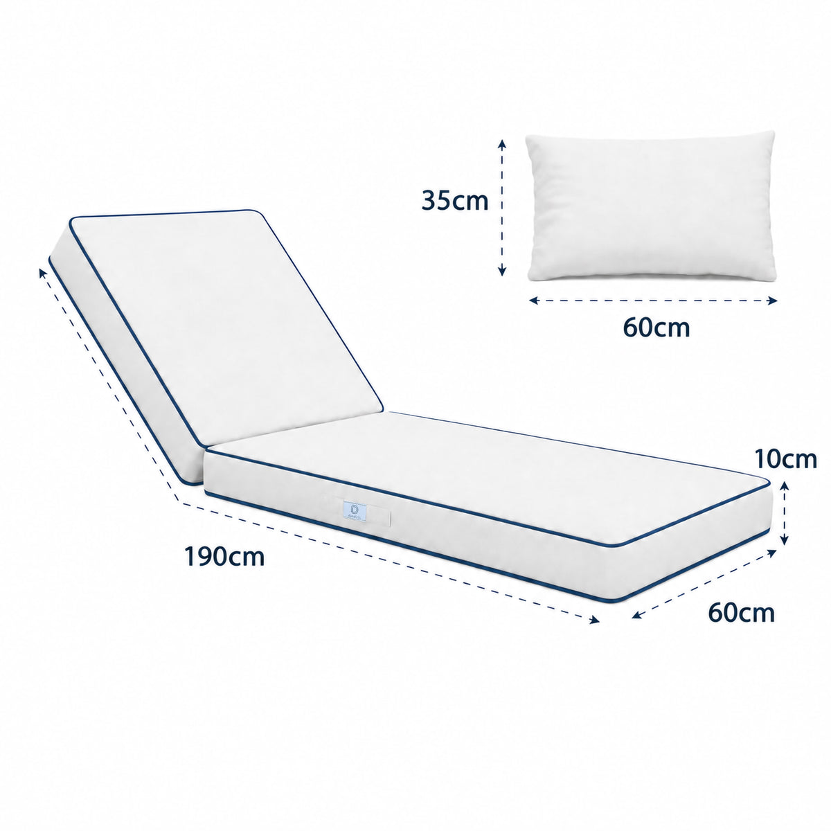 Materassino Premium Lettino 190x60 Bianco - Spessore 10cm & Poggiatesta (Sfoderabile) – schema con le misure