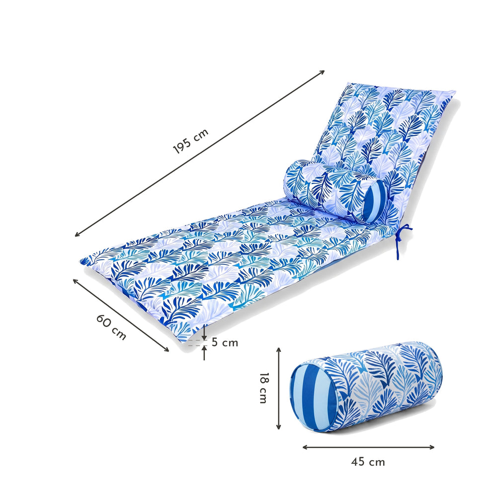 Materassino per lettino 195x60, Motivo Fogliame Blu – dimensioni 195 x 60 x 5 cm, cuscino a rullo 45 x 18 cm