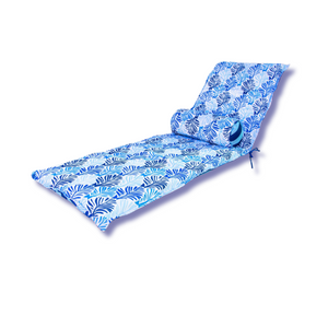 Materassino Sdraio 195x60 Motivo Fogliame Blu + Cuscino Cilindrico - Anti-UV & Idrorepellente