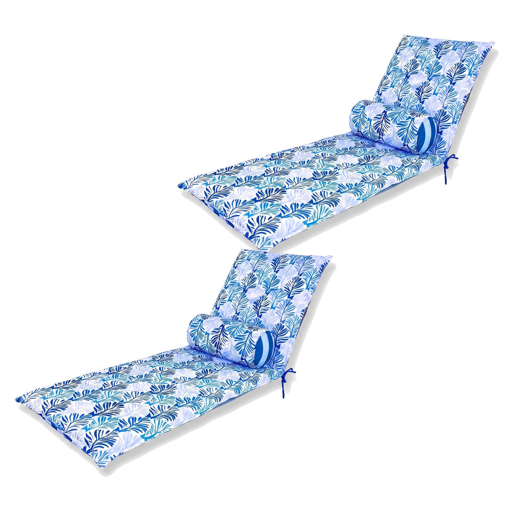 Set di 2 materassini per lettino 195x60, Motivo Fogliame Blu, con i loro 2 cuscini a rullo, su sfondo bianco