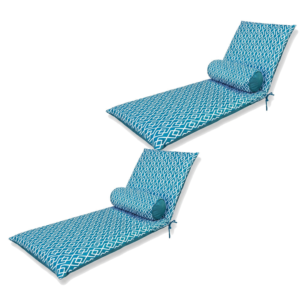 Set di 2 materassini per lettino 195x60, Motivo Geometrico Verde, con i loro 2 cuscini a rullo, su sfondo bianco