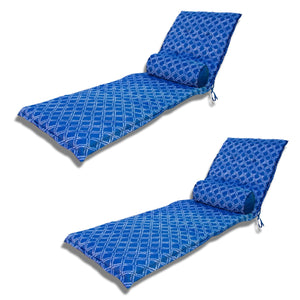 Set di 2 Cuscini Chaise Longue 195x60 Motif Nautique Blu + 2 Cuscini Cilindrici - Anti-UV