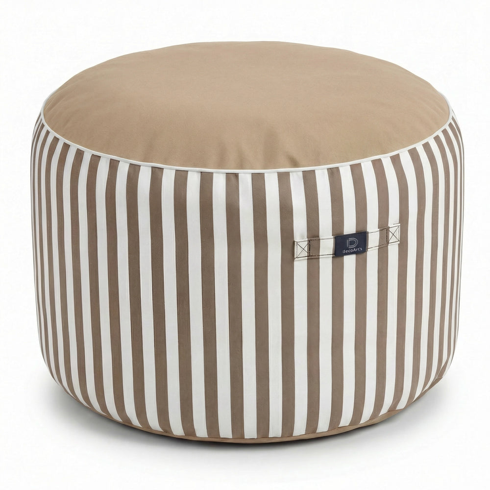 Pouf Rotondo Righe Beige, tessuto anti-UV e idrorepellente