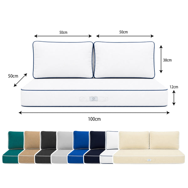 Set Cuscini Premium 100x50 Bianco - 1 Seduta + 2 Schienali (Spesso 12cm & Passepoil)