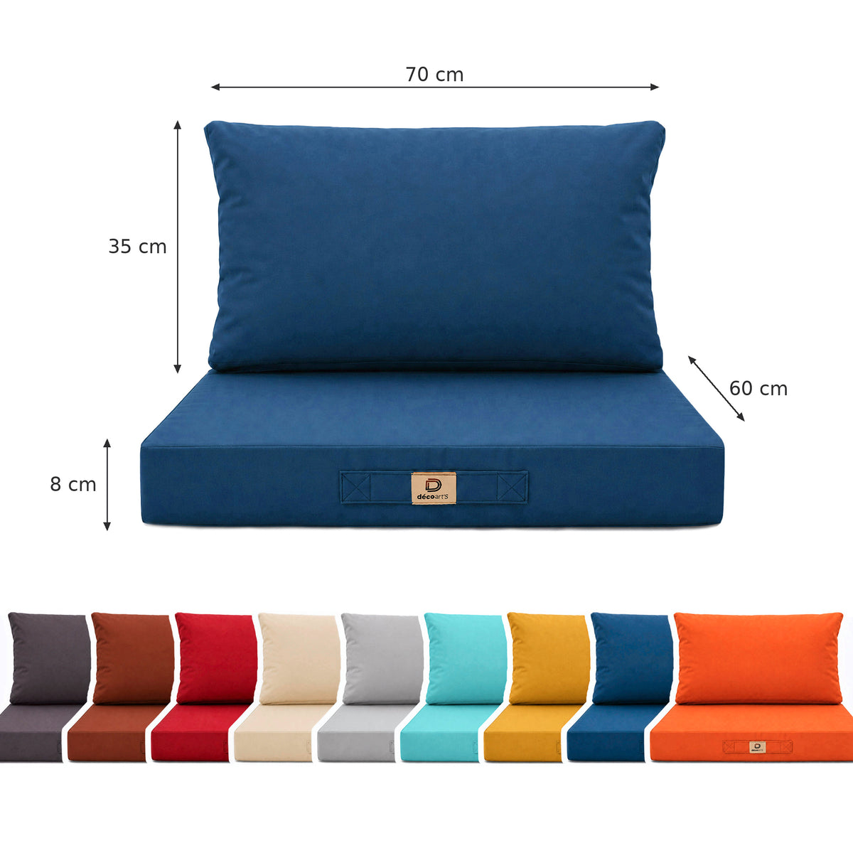 Set Cuscini Salotto da Giardino 60x70 Blu Petrolio - Sfoderabile & Anti-UV (Seduta + Schienale) – schema con le misure