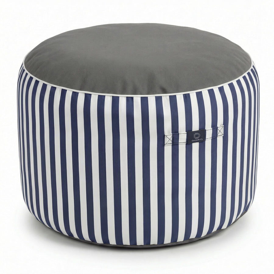 Pouf Rotondo Righe Blu Navy, tessuto anti-UV e idrorepellente