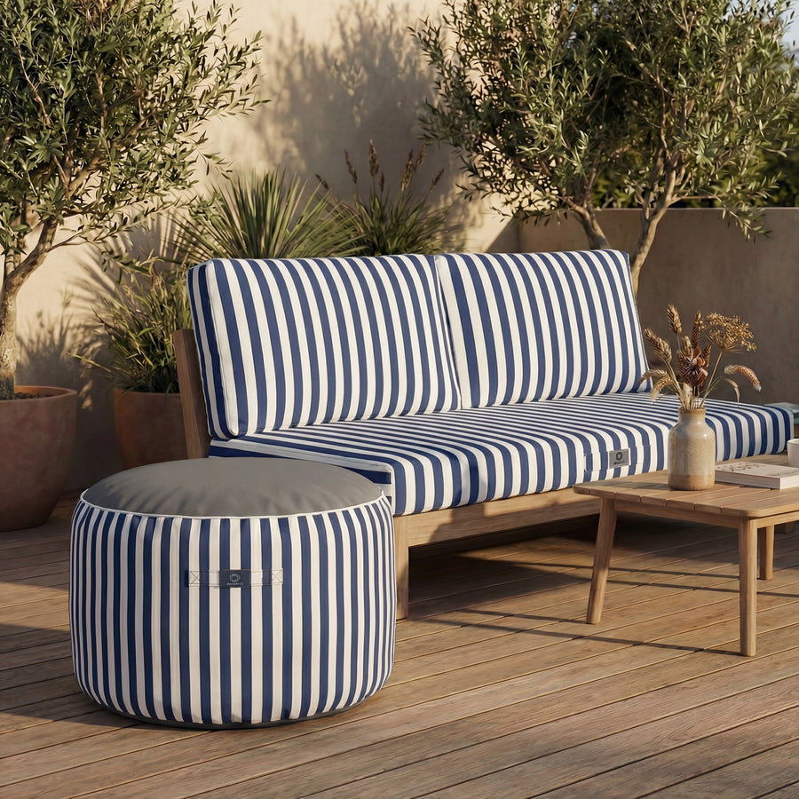Pouf Rotondo Righe Blu Navy, impermeabile