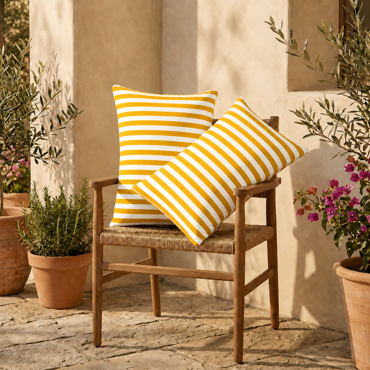 Set di 2 Cuscini Decorativi da Giardino 60x35 cm Righe Giallo