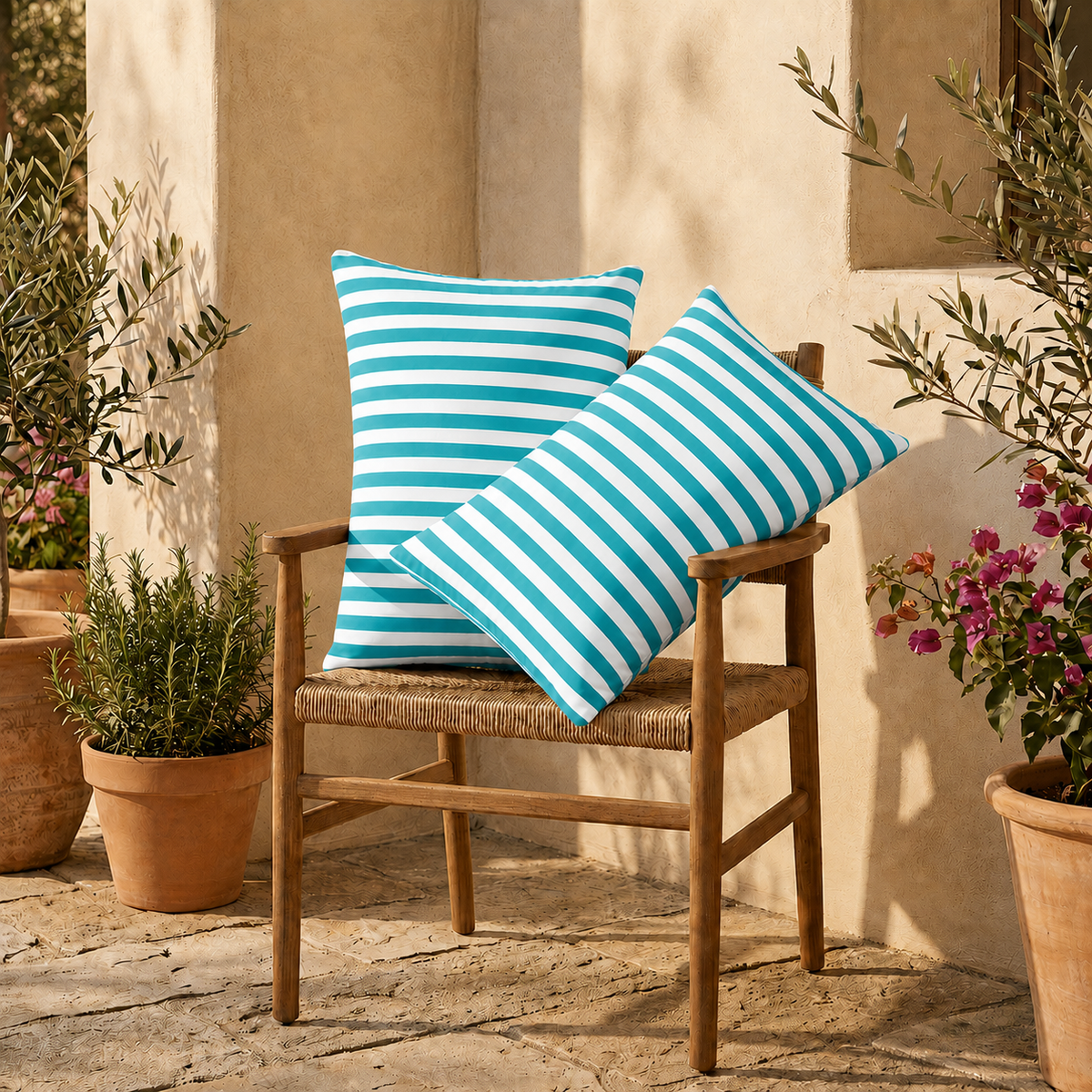 Set di 2 Cuscini Decorativi da Giardino 60x35 cm Righe Turchese
