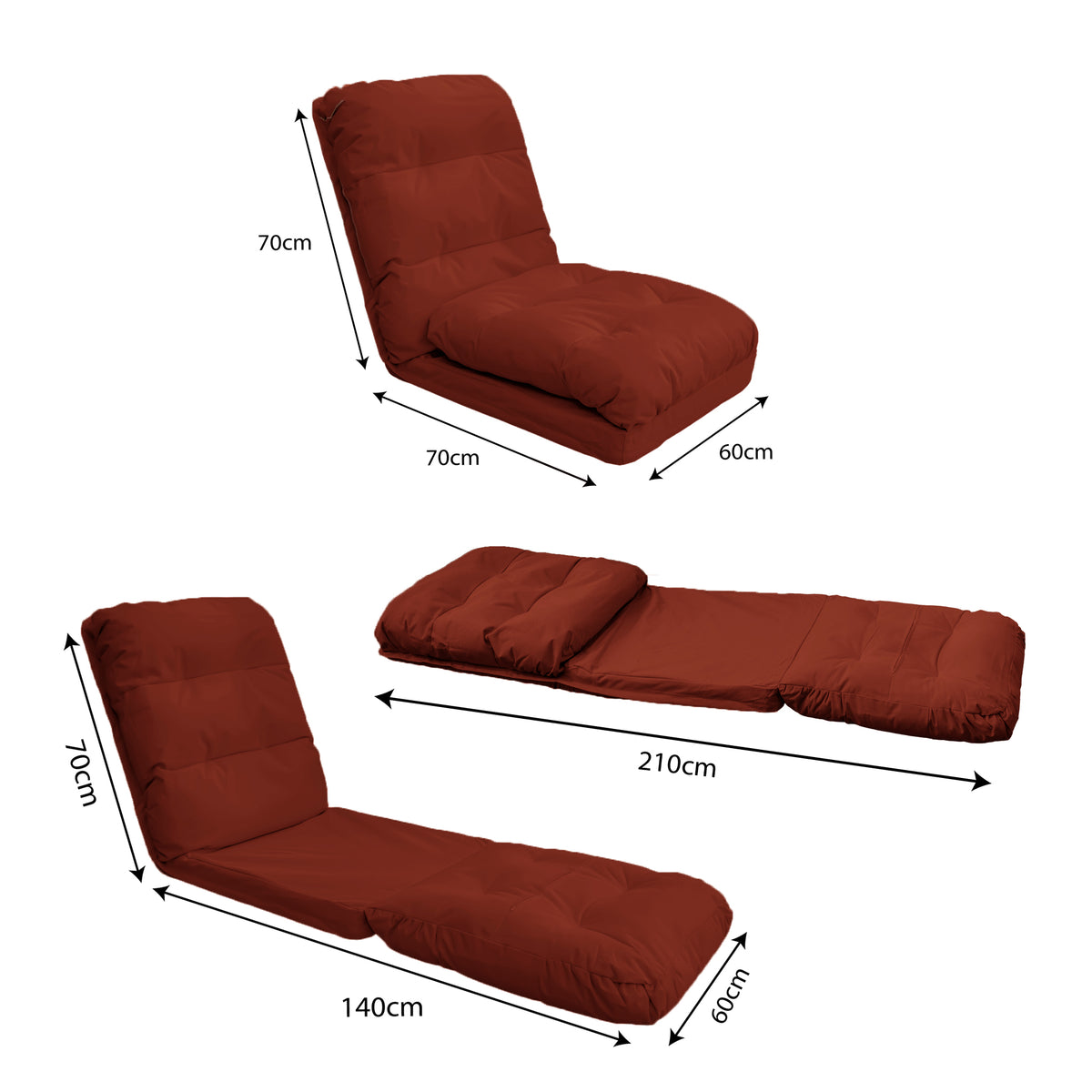 Poltrona da Pavimento Trasformabile Terracotta - 3 in 1 (Letto 210x60) & Schienale Regolabile – schema con le misure