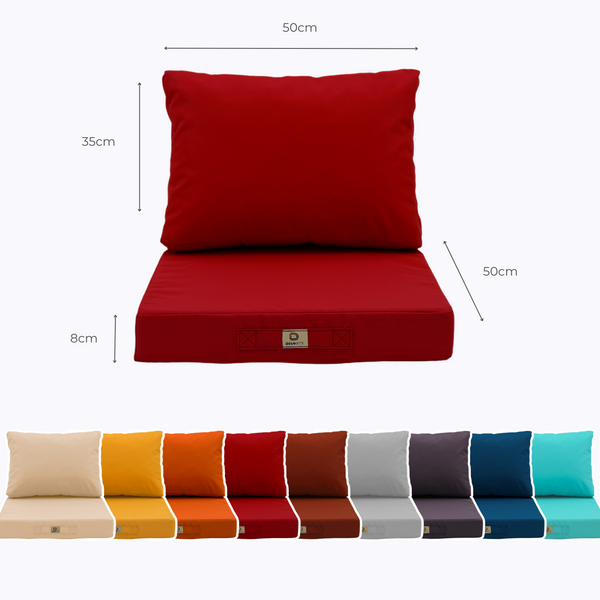 Ensemble de coussins de salon de jardin 50x50 cm rouge, déhoussables et anti-UV pour fauteuils et canapés.