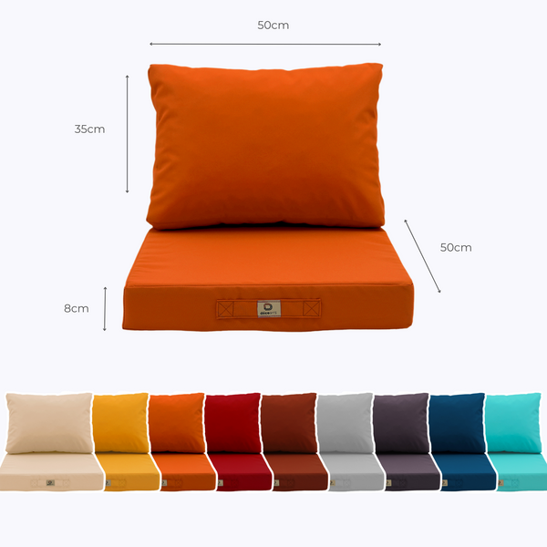Ensemble de coussins de salon de jardin orange 50x50 cm, déhoussables et anti-UV pour fauteuils et canapés.