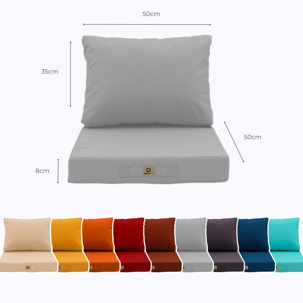 Ensemble de coussins pour salon de jardin 50x50 cm gris galet, déhoussables et anti-UV, pour fauteuils et canapés.