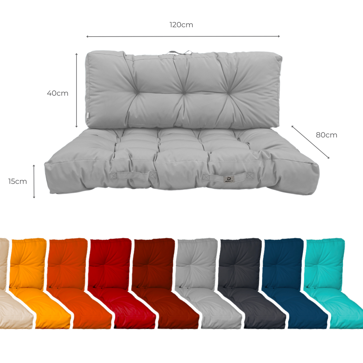 Set Cuscini Pallet 120x80 Grigio Ciottolo - Impermeabile & Spesso 15cm – schema con le misure