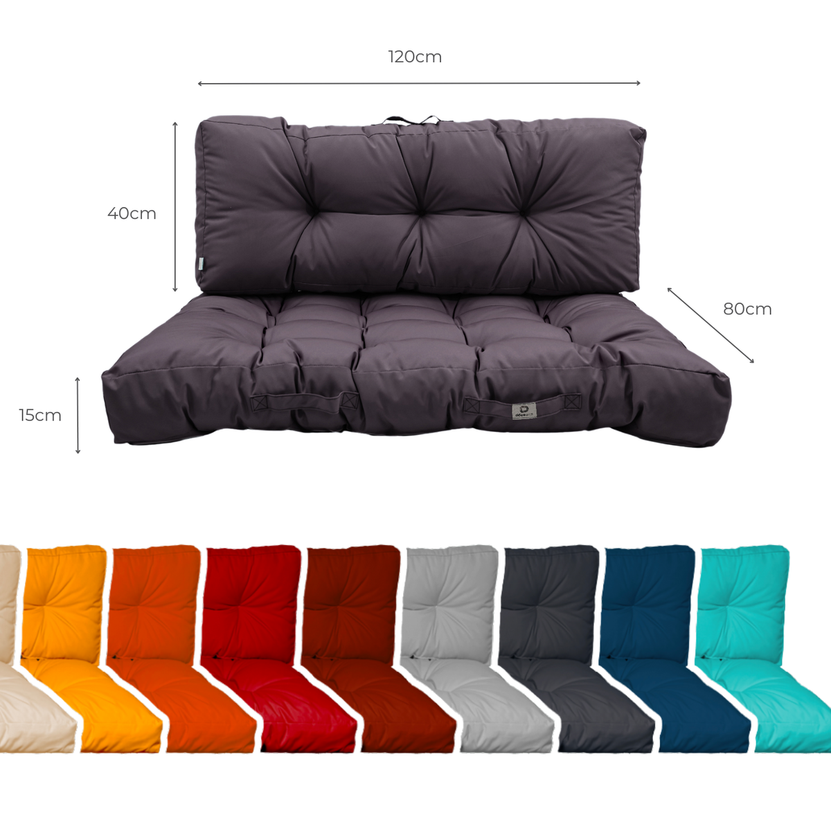 Set Cuscini Pallet 120x80 Grigio Carbone - Impermeabile & Spesso 15cm – schema con le misure