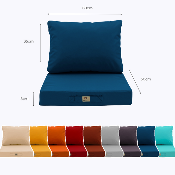 Ensemble de coussins pour salon de jardin Deco-arts.fr, 50x60 cm, bleu pétrole, assise et dossier pour fauteuils et canapés.