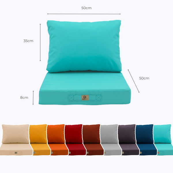 Ensemble de coussins de salon de jardin 50x50 cm bleu Caraïbes pour fauteuils et canapés, déhoussables et anti-UV.