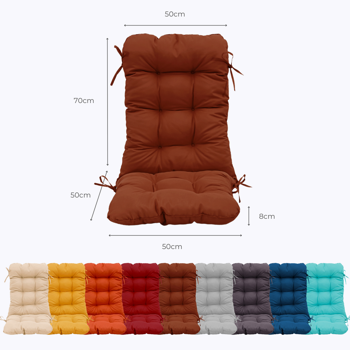 Cuscino Sedia con Schienale Alto 120x50 Terracotta - Trapuntato (Comfort 8cm) – schema con le misure