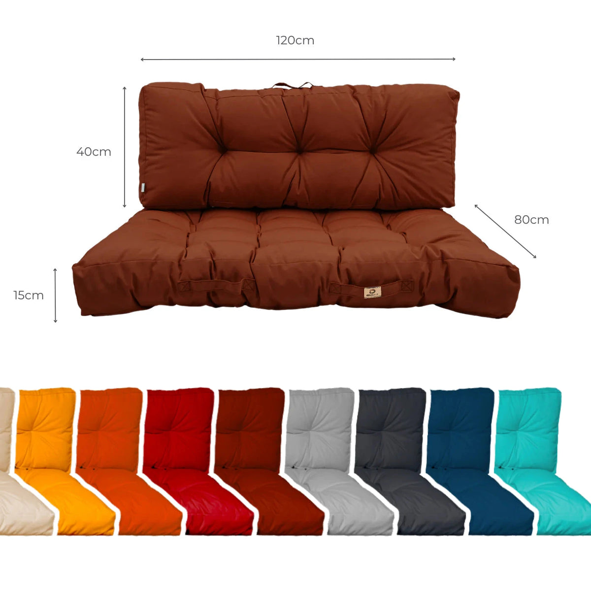 Set Cuscini Pallet 120x80 Terracotta - Impermeabile & Spesso 15cm – schema con le misure