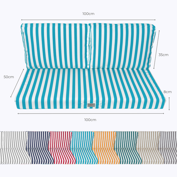 Ensemble de 3 coussins de salon jardin rayés turquoise, 100x50 cm, pour fauteuils et canapés, en tissu premium 270g.