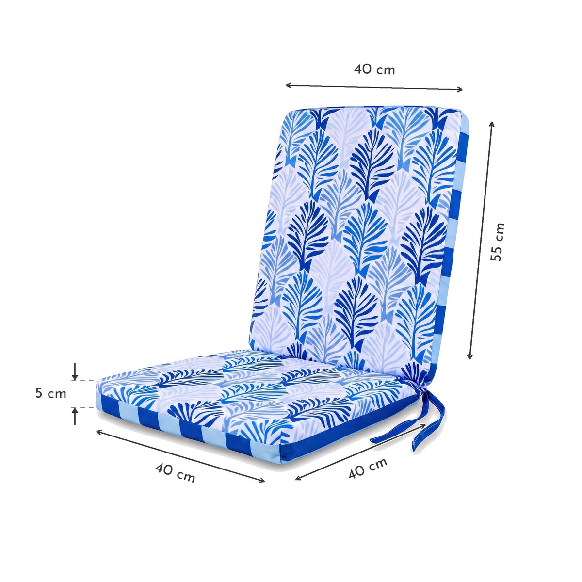 Set di 4 Cuscini Sedia con Schienale Alto 95x40 - Motivo Fogliame Blu (Comfort 5cm) – schema con le misure