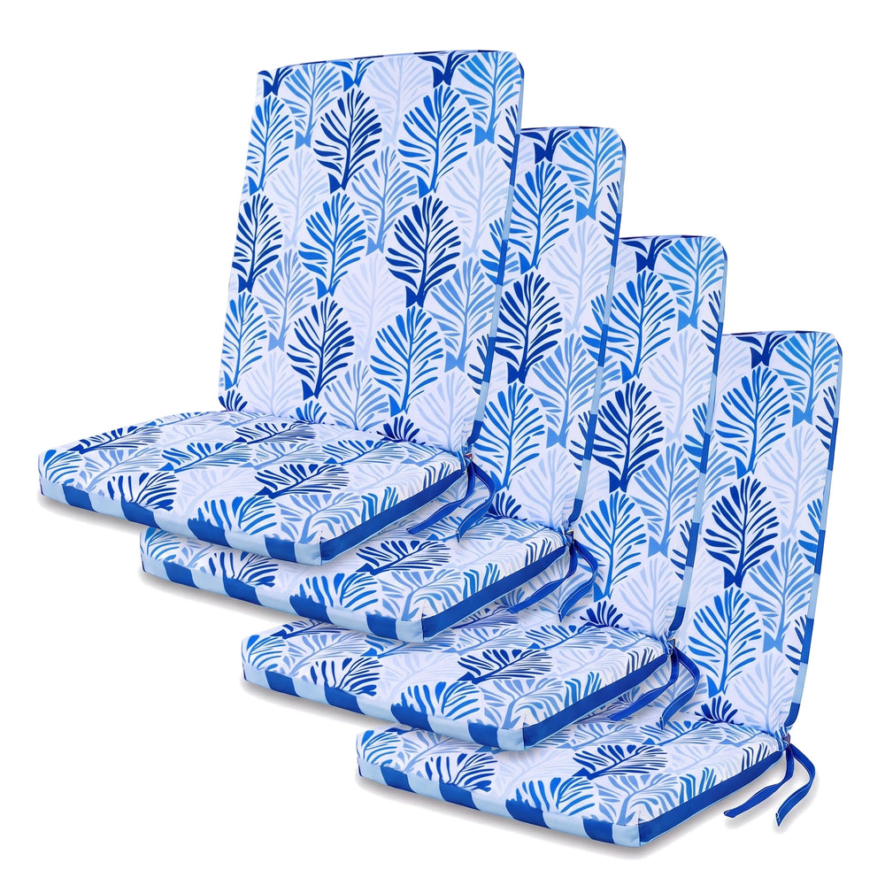 Set di 4 cuscini per sedia schienale alto 95x40, Motivo Fogliame Blu