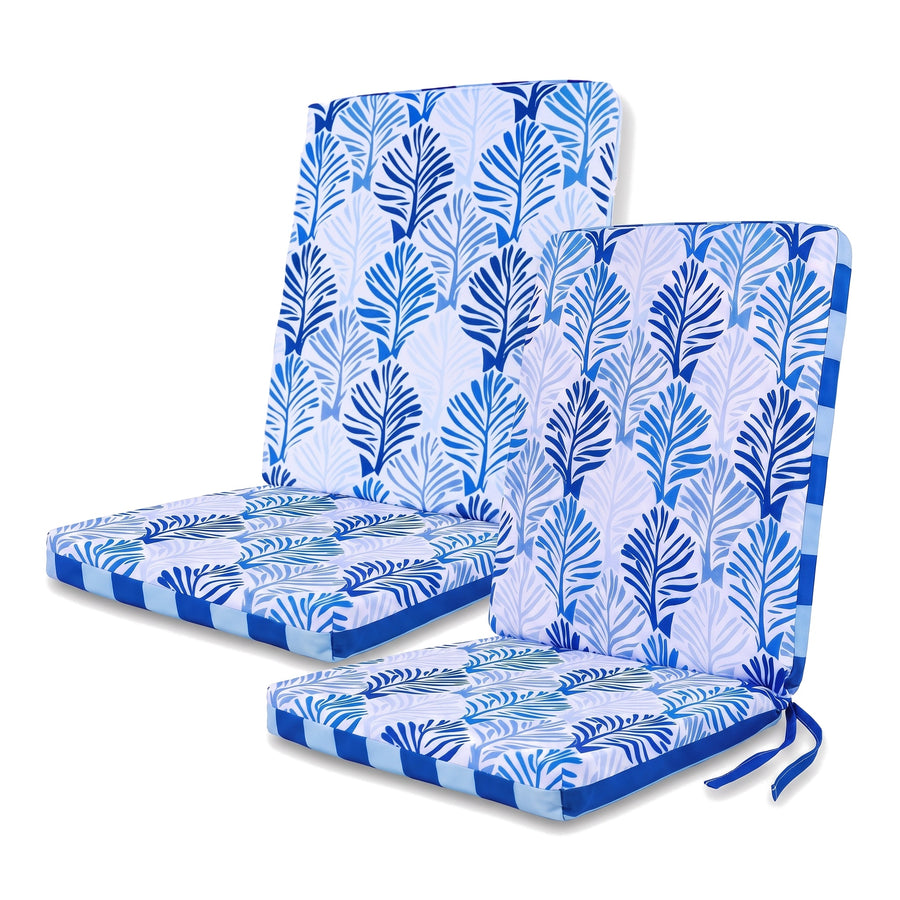 Set di 2 cuscini per sedia schienale alto 95x40, Motivo Fogliame Blu