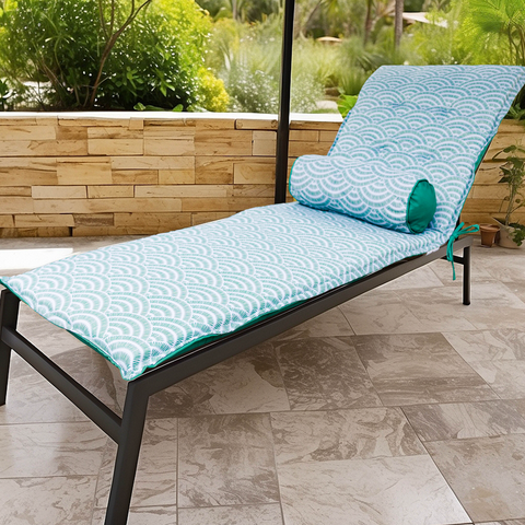 Set cuscini per poltrona lunga e cuscino 195x60x5 cm e 45x18 cm motivo ventagli verdi