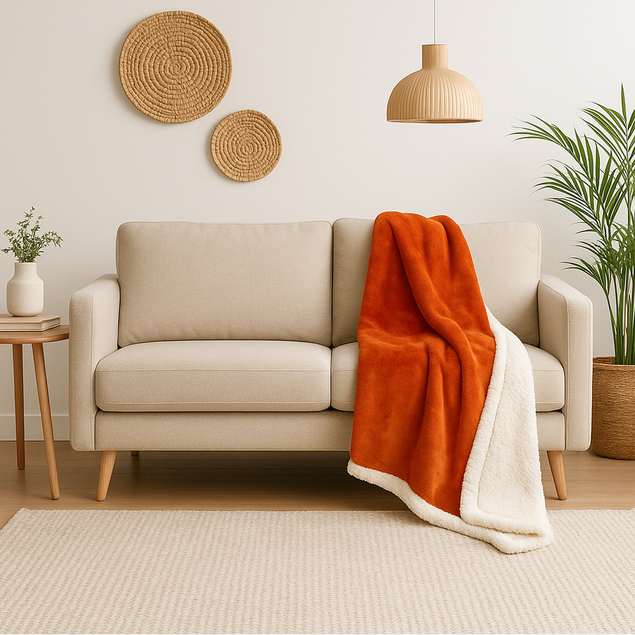 Plaid en flanelle Sherpa double face terracotta 150x200 cm, épais 480g/m² pour canapé, par Deco-arts.fr