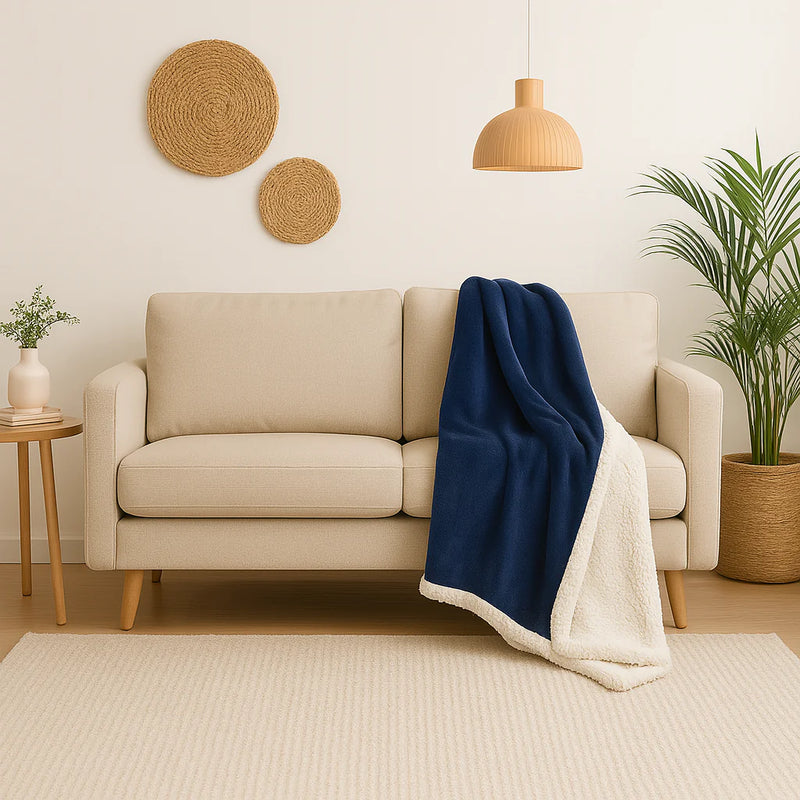 Coperta Sherpa in Flanella 150x200 Blu Navy - Double Face Spesso 480g/m² (Speciale Divano)