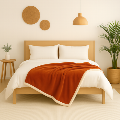 Plaid en flanelle sherpa double face terracotta 150x200 cm pour canapé, épais 480g/m², confortable et doux.