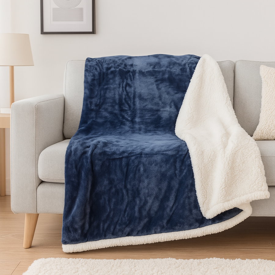 Coperta Sherpa in Flanella XXL 200x240 Blu Navy, per interni