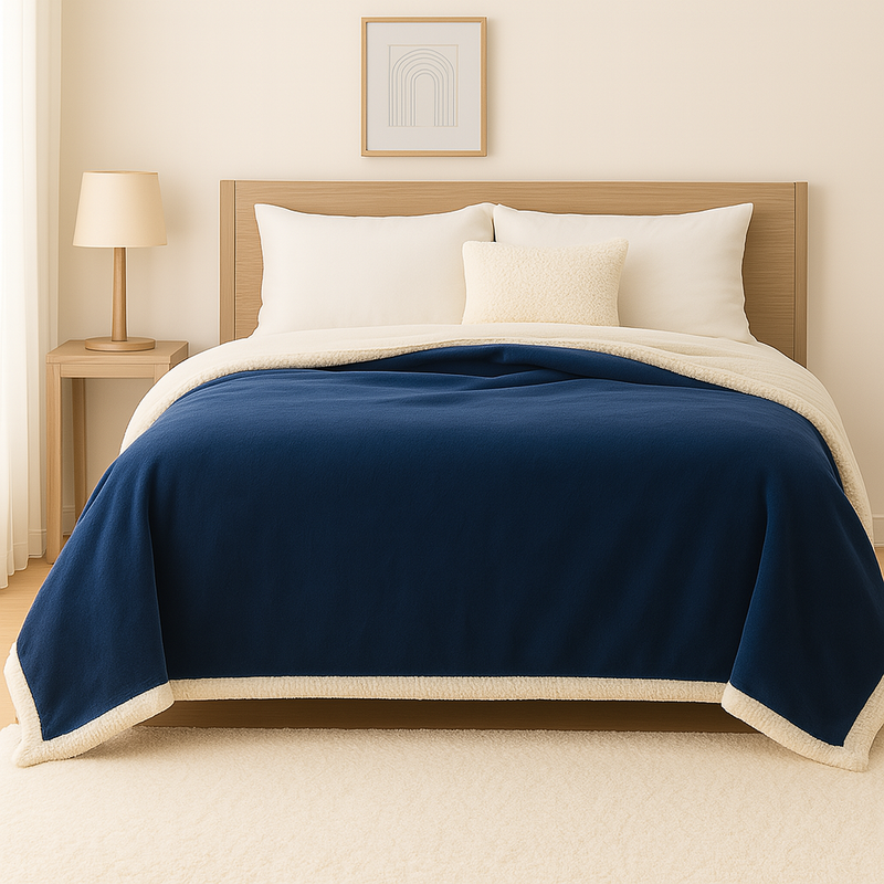 Coperta Sherpa in Flanella XXL 200x240 Blu Navy - Copriletto Spesso 480g/m² (Taglia Coppia)