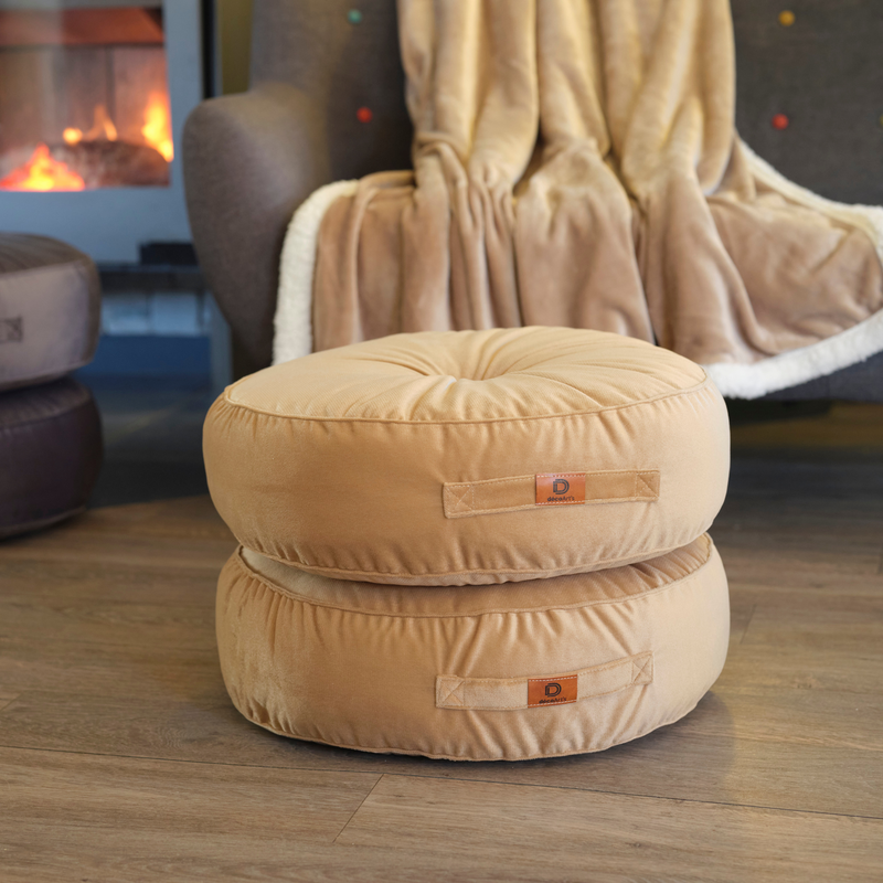 Set di 2 Pouf Rotondi in Velluto Ø50 Beige - (Design Morbido & Maniglia)