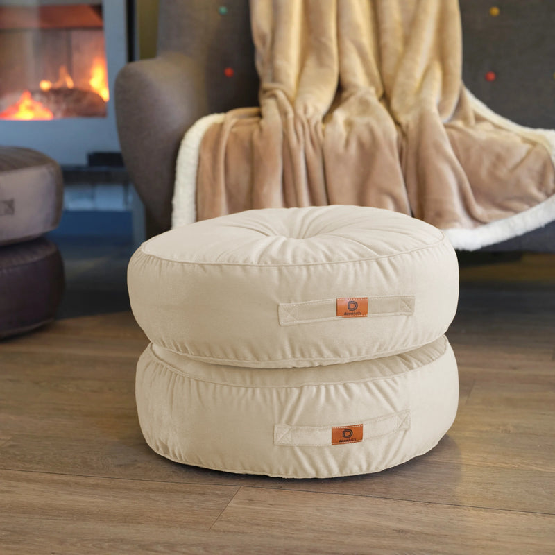 Set di 2 Pouf Rotondi in Velluto Ø50 Crema - (Design Morbido & Maniglia)