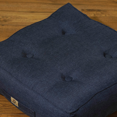 Deux poufs d'intérieur en tissu effet lin bleu, épais 18cm, lot de 2, pour décoration moderne.